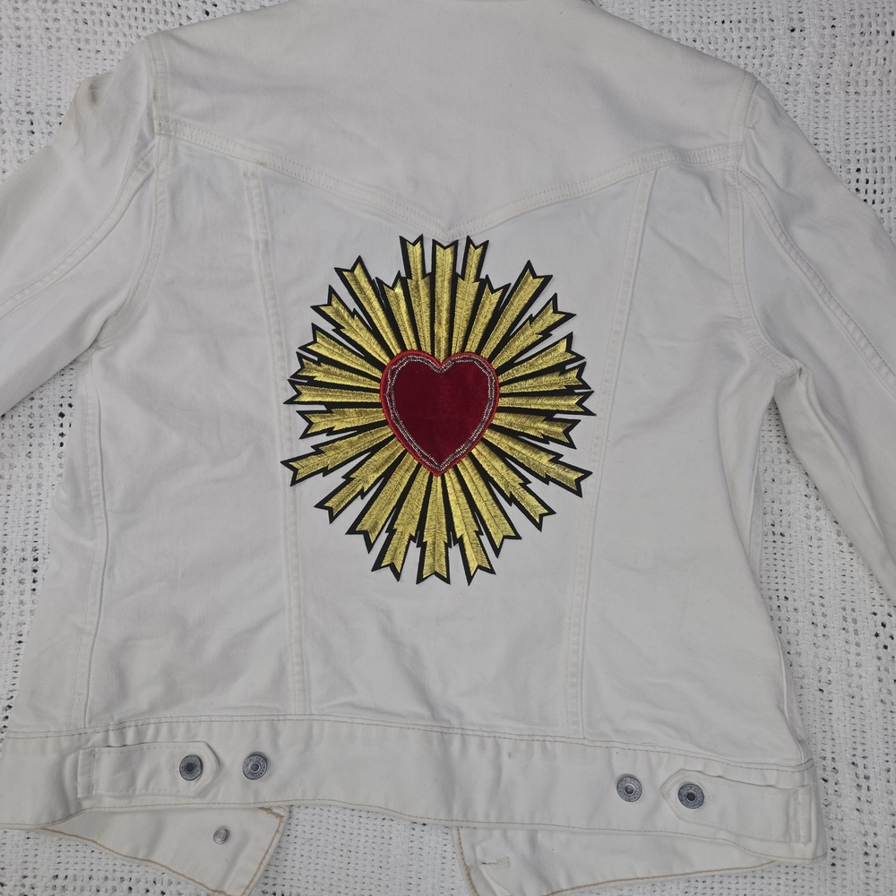 GAP White Denim Jacket with Gold Sunburst and Red Sacred Heart Patch